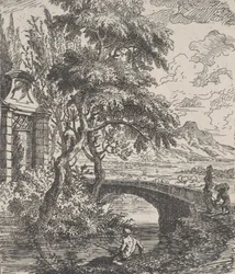 Lastra 7: due figure a destra pronte ad attraversare un ponte di pietra, un pescatore in primo piano...