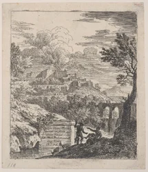 Due pastori che riposano accanto a un piedistallo, un acquedotto a destra sullo sfondo, ca. 1700-25