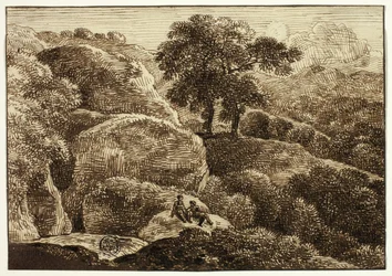 Due figure che riposano su una collina vicino a due alberi