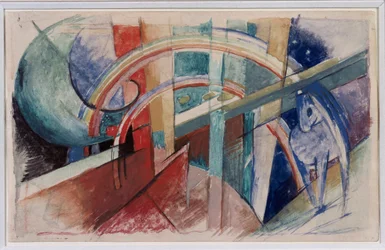 Cavallo blu e arcobaleno disegnati a matita e acquerello da Franz Marc