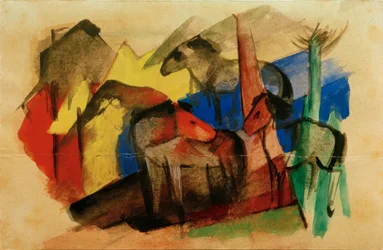 Tre cavalli in un paesaggio con case