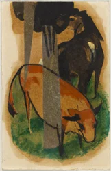 Cavallo rosso e mucca gialla (cavallo nero-marrone e mucca gialla), cartolina da Sindelsdorf ad Alfred Kubin a Wernstein/Zwickledt