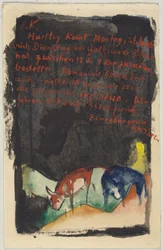 "Zinnobergruß", Franz Marc da Sindelsdorf a Wassily Kandinsky a Monaco: Cartolina, timbro postale 19.04.1913