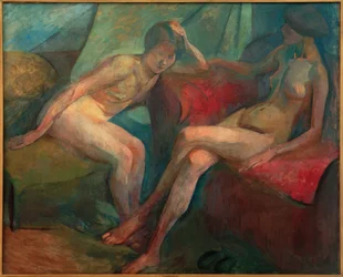 Due nudi su un divano rosso