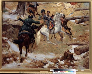 La morte del comandante generale Nikolai Sleptsov (1815-1851) ucciso dai Ceceni in un combattimento il 10 dicembre 1851 durante la guerra del Caucaso (conquista del Caucaso) in Cecenia