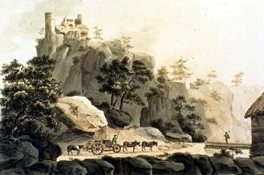 Veduta della strada di Ribeauville e del castello di Grand Ribeauville
