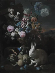 Composizione floreale con coniglio