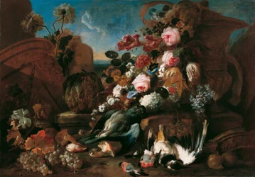 Natura morta con fiori, uccelli morti e rovine