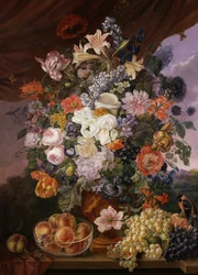 Frutta e fiori su una sporgenza con paesaggio. Dipinto di Franz Xaver Petter (1791-1866) Collezione privata.
