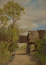 Strada del villaggio ad Aresing (?) con figura femminile