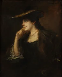 Ritratto di giovane donna con collo di pelliccia e cappello a tesa larga