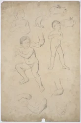 Studi di nudo e di testa di bambini, 2 conigli