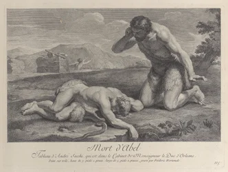 Adamo si inginocchia nel dolore accanto al corpo di Abele, mentre Caino fugge sullo sfondo, ca. 1729