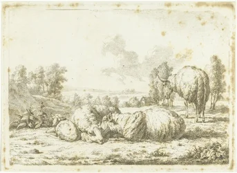 Paesaggio con tre pecore e un agnello