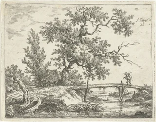 Paesaggio con uomo su un ponte