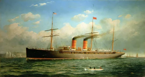 Il transatlantico Cunard R.M.S. Umbria al largo di Brooklyn Heights, sul fiume East, New York