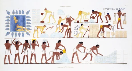 Fabbricazione di mattoni, da un raro registro di affreschi di Tebe, registrato 1819-1822 durante la sua seconda visita in Egitto da Frederic Cailliaud (1787-1869), litografia a colori