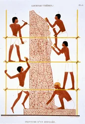 Scalpellini che realizzano una statua colossale del Faraone, da un raro registro di affreschi di Tebe, registrato 1819-1822 durante la sua seconda visita in Egitto