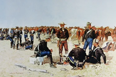 Colazione di un cavaliere nelle pianure, da un dipinto a olio c.1890