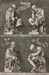 Allegoria dello Studio, figure decorative alla base della statua di Martin Schongauer creata da Auguste Bartholdi per il convento di Unterlinden, Colmar, Francia