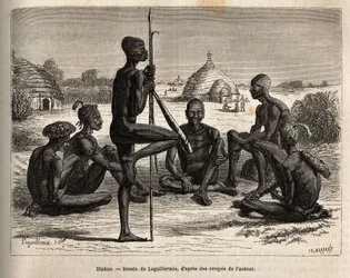 Dinka del villaggio di Koudj (Senegal), il cui corpo è coperto di cenere, per proteggerli da insetti e parassiti, è anche una caratteristica cosmetica e sociale, inciso dal disegno di Laguillermie, che illustra il viaggio nel cuore dell