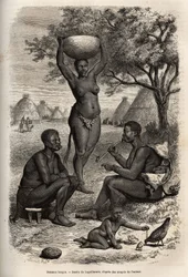 Tipi e attività delle donne Bongos (Sudan centrale), con i loro ornamenti metallici, campane e graffette che mettono sulle orecchie e sulle labbra, incisione dopo il disegno di Laguillermie, illustrando il viaggio nel cuore dell