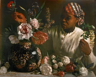 Donna nera con peonie... (olio su tela)