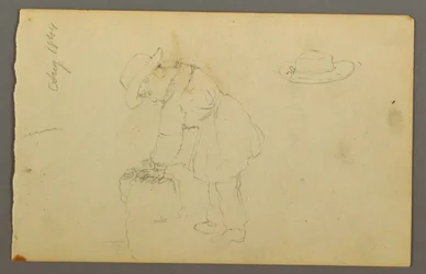 Disegno, ragazzo appoggiato a un sacco, cappello, 1844