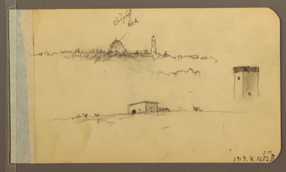 Disegno, chiesa, torre, casa; verso: catena montuosa, 1889