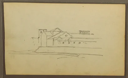 Disegno, chiesa, torri; verso: figure in canoa, schizzi botanici, 1857