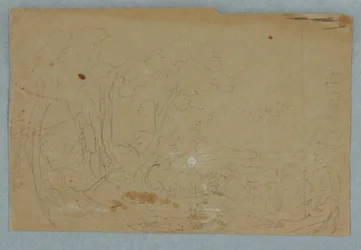 Disegno, Cielo nuvoloso su un paesaggio collinare; verso: Luna piena riflessa in un ruscello, 1845-50