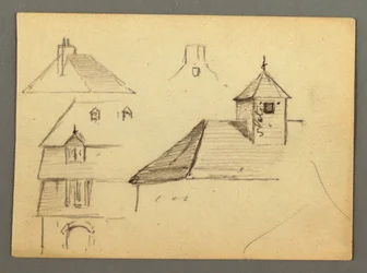 Disegno, angolo di palazzo, tetti, forse 1868