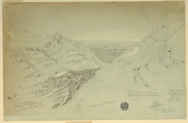 Disegno, veduta distante di Damasco, Siria, 2 maggio 1868