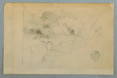 Disegno, veduta distante del vulcano Sangay in eruzione, Ecuador, 1857-62