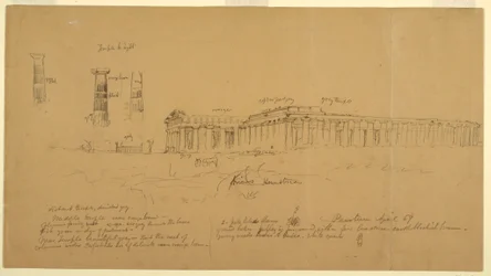 Disegno, Templi dorici greci di Atena (già Cerere), Era II (già Nettuno) ed Era I (già Basilica), Paestum, Salerno, Italia, aprile 1869