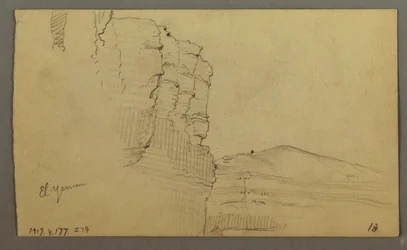 Disegno, Valle di El Yemen, Arabia: Parete rocciosa con la parte superiore che ricorda una fila di colonne, 20 febbraio 1868