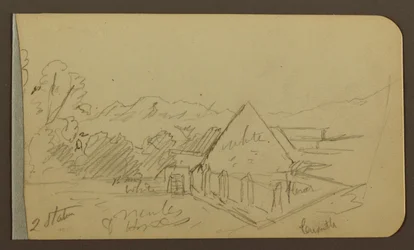 Disegno, giardino, casa, Cuautla; verso: chiesa, fienile, Cuautla, febbraio 1885