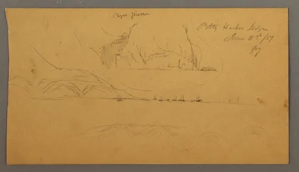 Disegno, porto, barche a vela, montagne, 21 giugno 1859