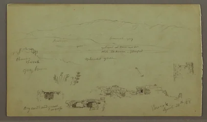Disegno, catena di colline attraverso la pianura, rovine, 28 aprile 1868