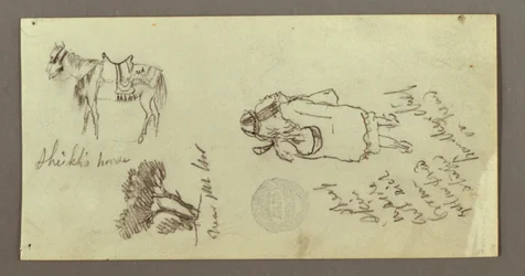 Disegno, cavallo, figura di spalle, alberi, forse 1868