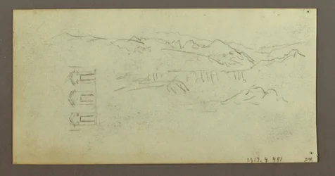 Disegno, cavallo, figura di spalle, alberi, forse 1868