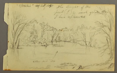 Disegno, stagno di Htakie () delimitato da alberi, 1845