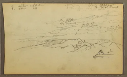Disegno, Paesaggio; verso: Barca, Schizzi botanici, 1857