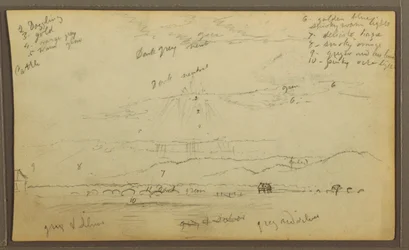 Disegno, Paesaggio; verso: Case, Canoa, 1857