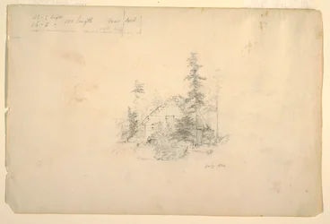 Disegno, capanna di tronchi circondata da alberi, luglio 1844
