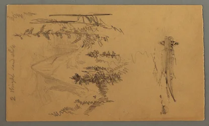 Disegno, Uomo in barca, Picco roccioso sopra i pini, forse 1868