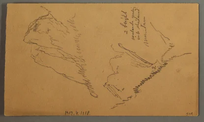 Disegno, Uomo in barca, Picco roccioso sopra i pini, forse 1868