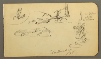 Disegno, uomo in barca, massi, tronco d