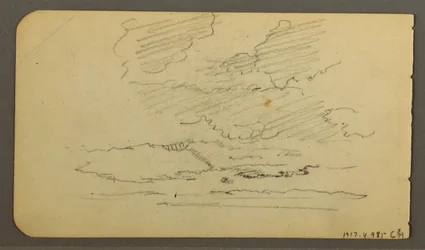 Disegno, uomo in barca, massi, tronco d