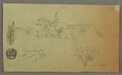 Disegno, Moschea ed edifici adiacenti, alberi, 4 aprile 1868